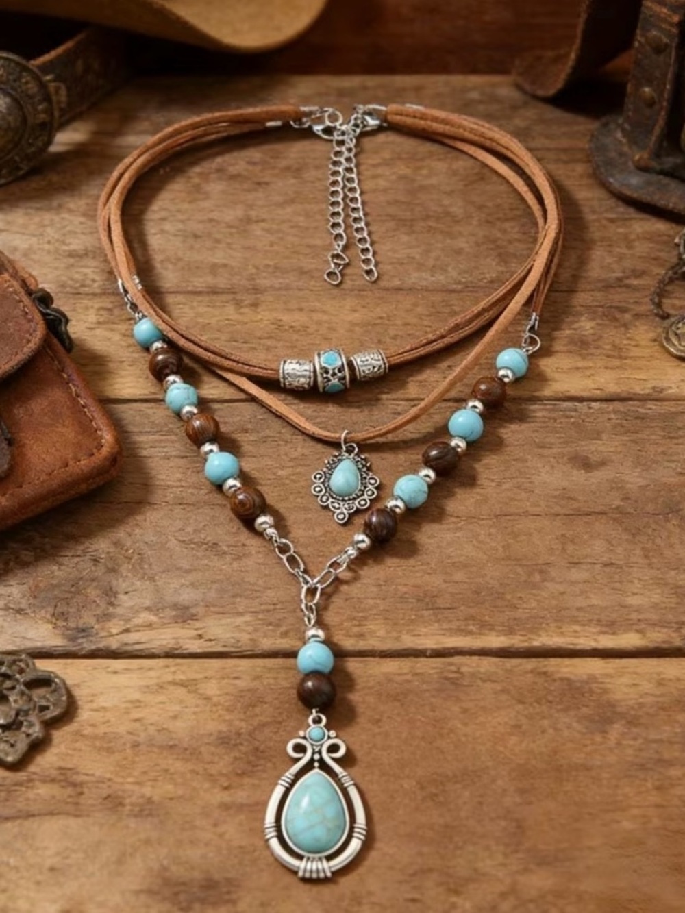 Western Necklace Set Bohemian Turquoise Teardrop Layered Necklace